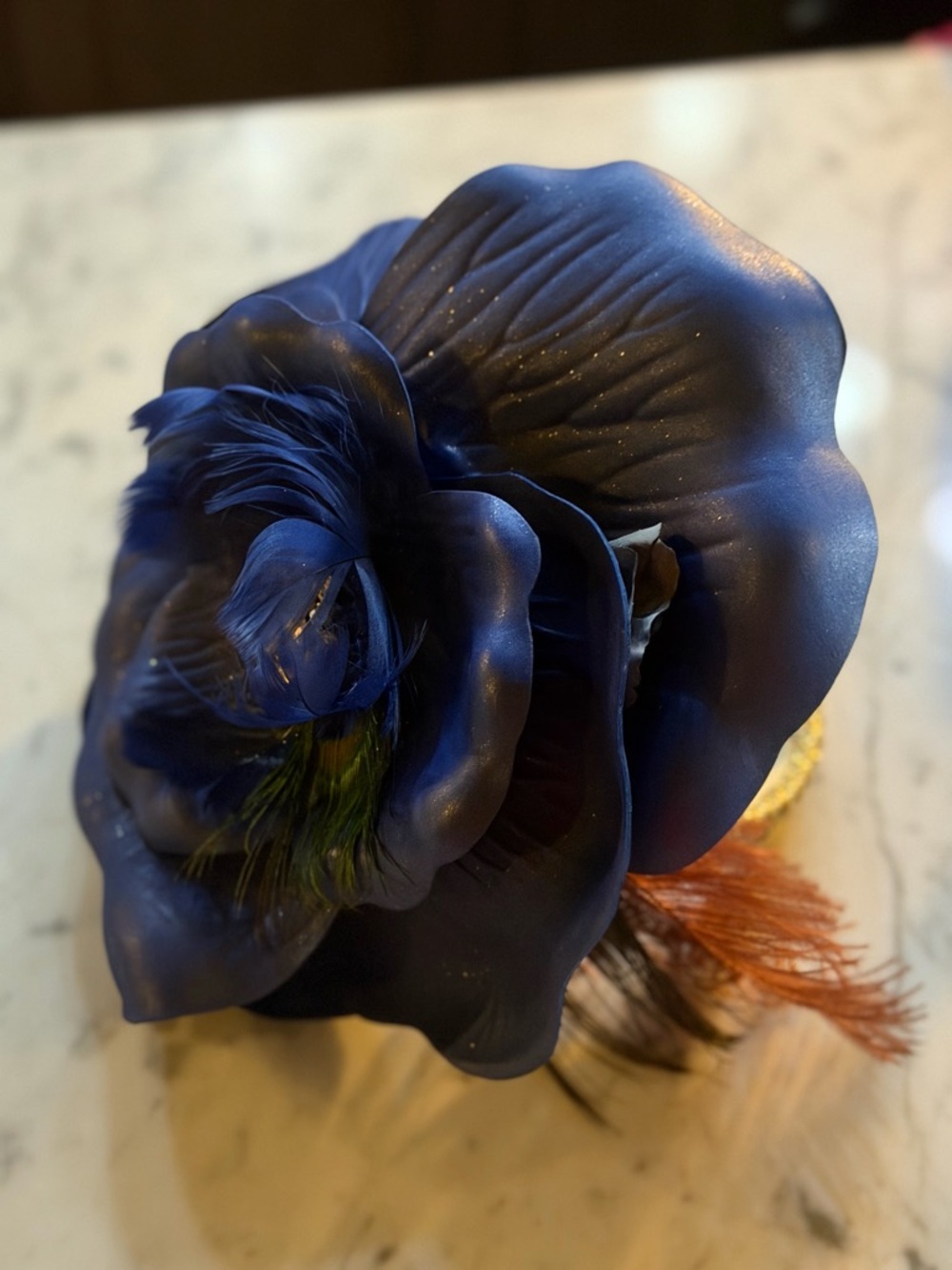 Judith March Navy Blue Floral Hat Clip / Headband with Feather Accents